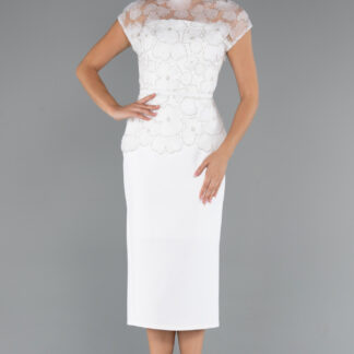 Ekru Kısa Kol Çiçek Desenli Midi Dantel Gece Elbisesi ABK2427