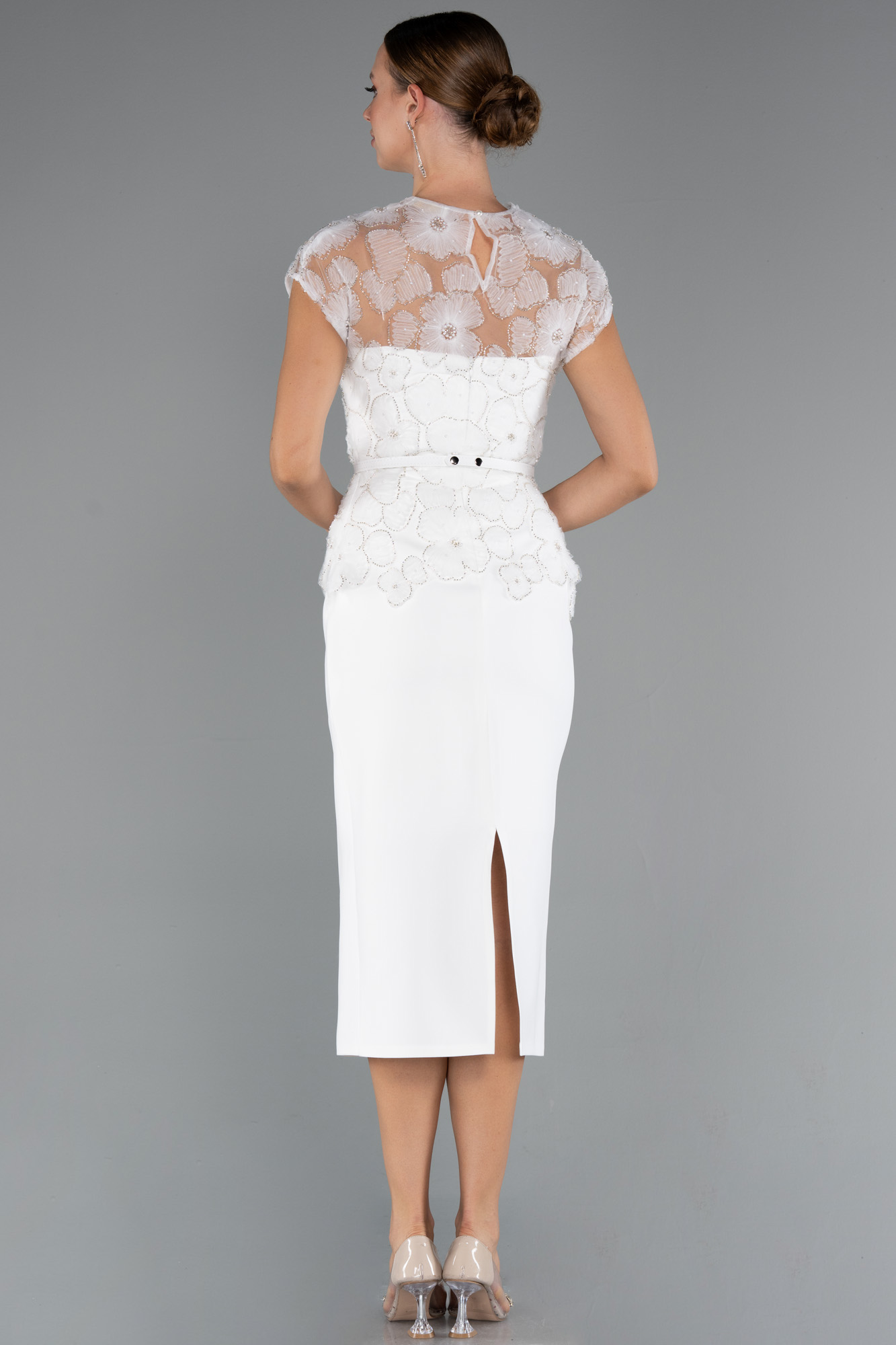 Ekru Kısa Kol Çiçek Desenli Midi Dantel Gece Elbisesi ABK2427 - Görsel 2