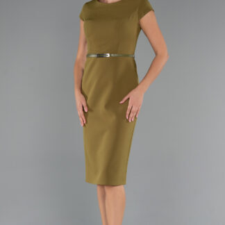 Fıstık Yeşili Kısa Kol Kemerli Midi Davet Elbisesi ABK2428