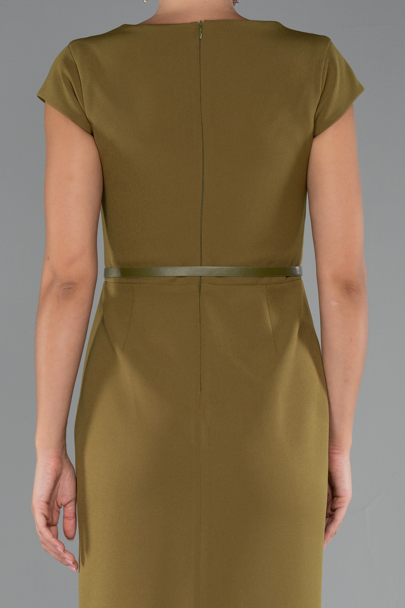 Fıstık Yeşili Kısa Kol Kemerli Midi Davet Elbisesi ABK2428 - Görsel 4