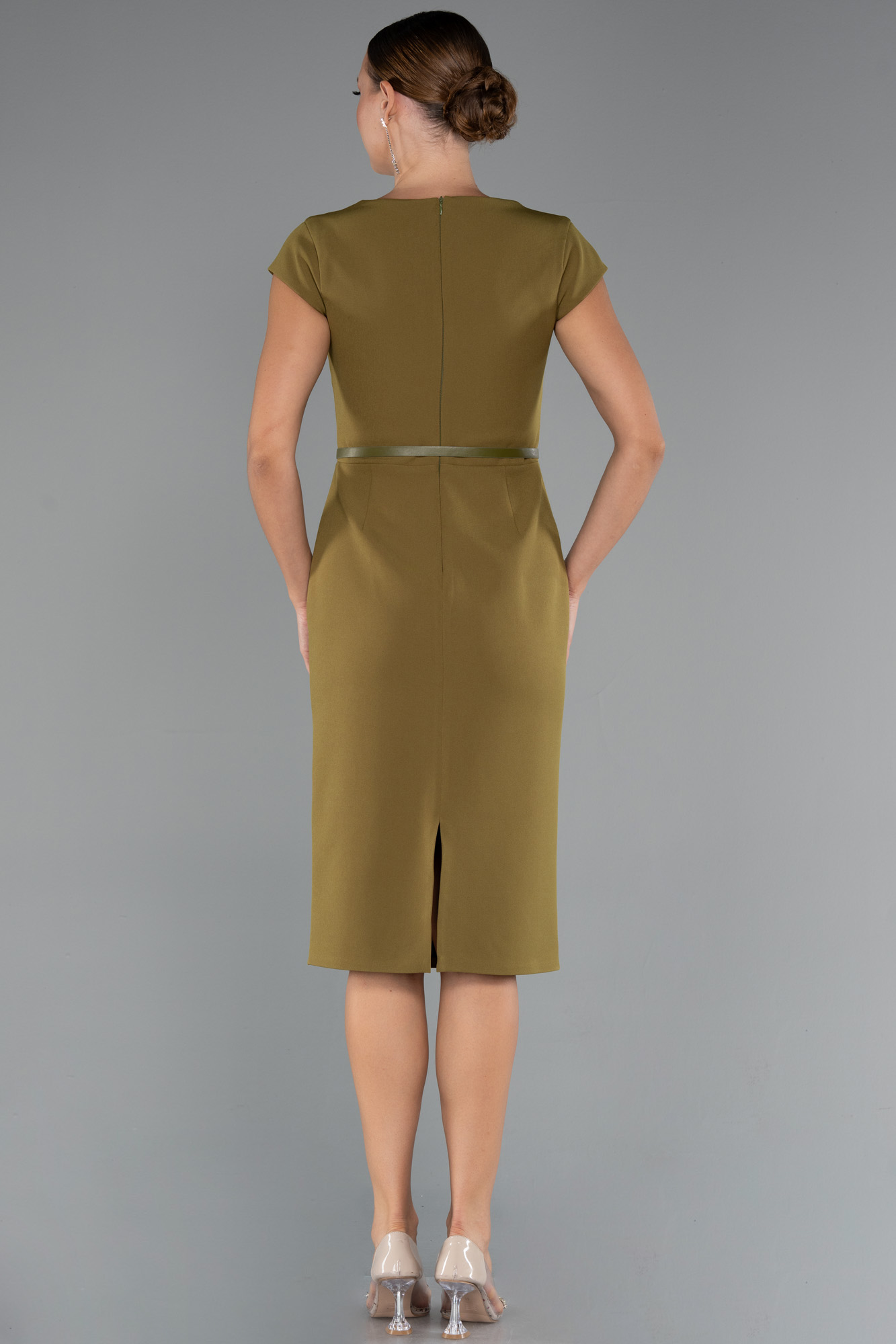Fıstık Yeşili Kısa Kol Kemerli Midi Davet Elbisesi ABK2428 - Görsel 2