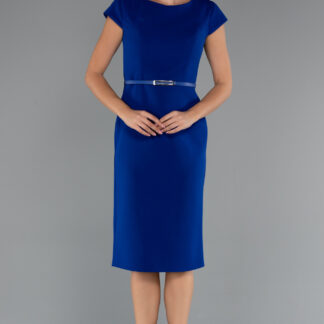 Saks Mavi Kısa Kol Kemerli Midi Davet Elbisesi ABK2428