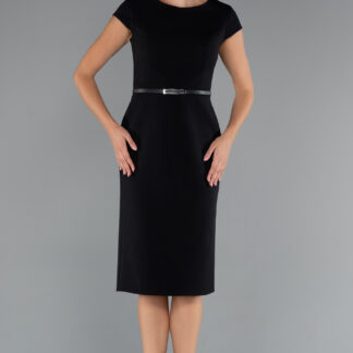 Siyah Kısa Kol Kemerli Midi Davet Elbisesi ABK2428