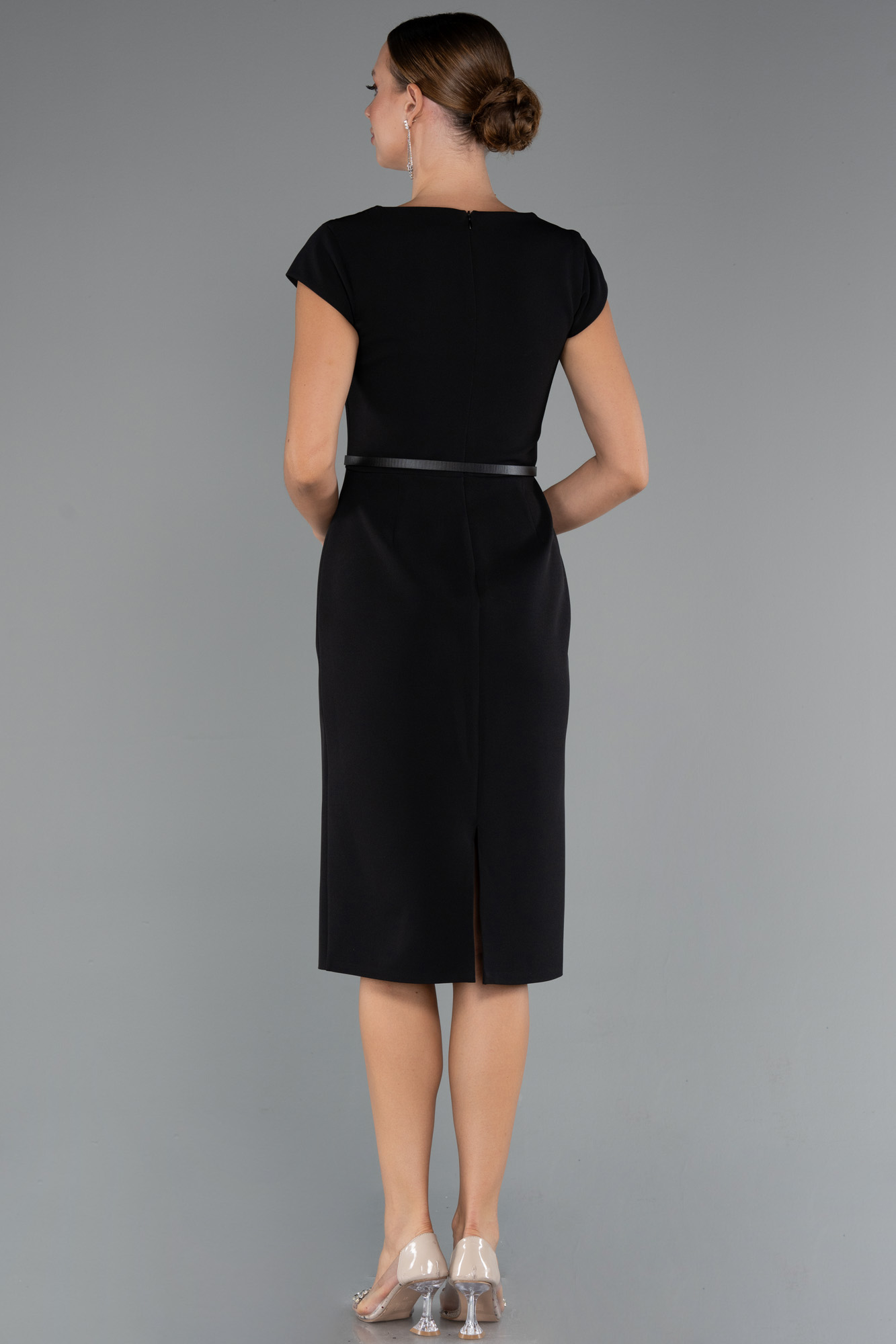 Siyah Kısa Kol Kemerli Midi Davet Elbisesi ABK2428 - Görsel 2