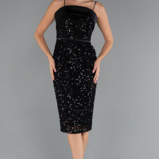 Siyah Askılı Midi Pul Payet Gece Elbisesi ABK2429