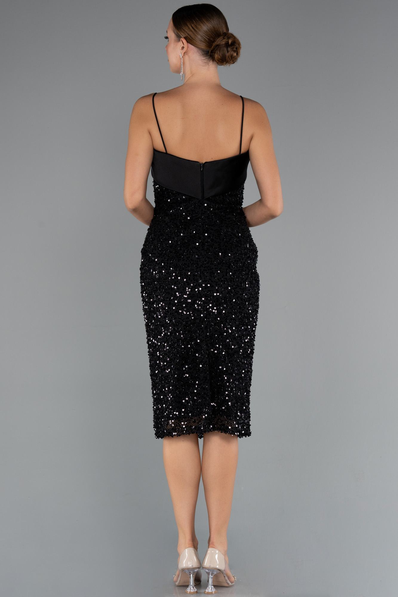 Siyah Askılı Midi Pul Payet Gece Elbisesi ABK2429 - Görsel 2