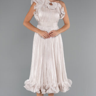 Bej Fırfırlı Tek Omuz Midi Şifon Abiye Elbise ABK2434