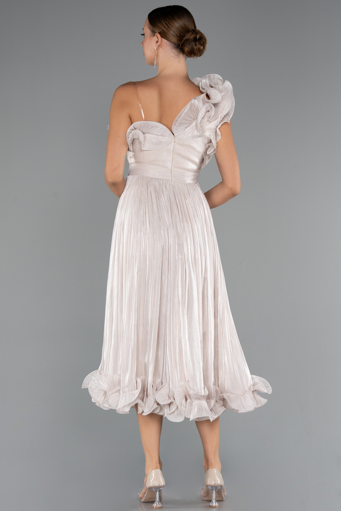 Bej Fırfırlı Tek Omuz Midi Şifon Abiye Elbise ABK2434 - Görsel 2