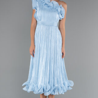 Buz Mavisi Fırfırlı Tek Omuz Midi Şifon Abiye Elbise ABK2434