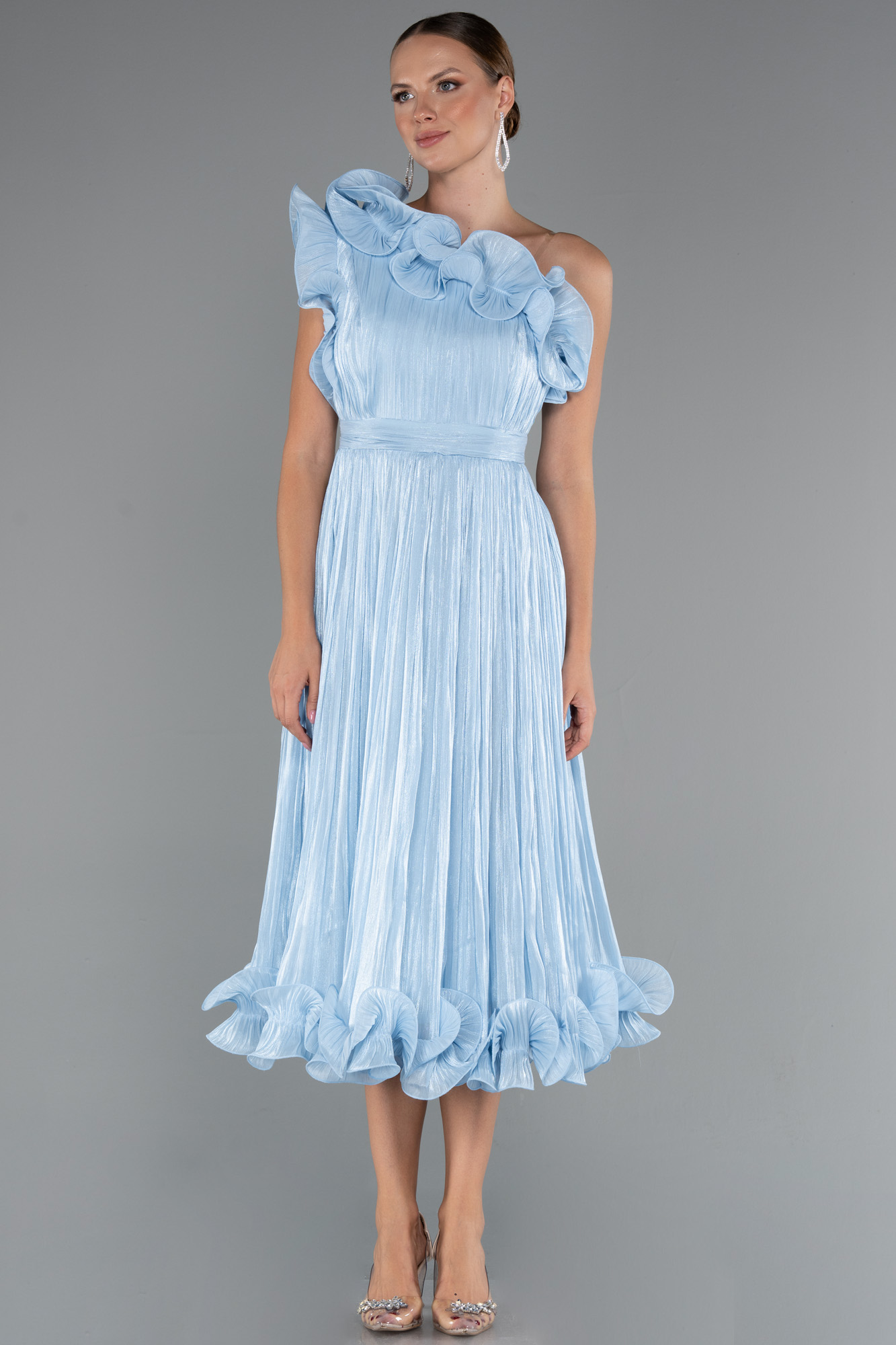 Buz Mavisi Fırfırlı Tek Omuz Midi Şifon Abiye Elbise ABK2434