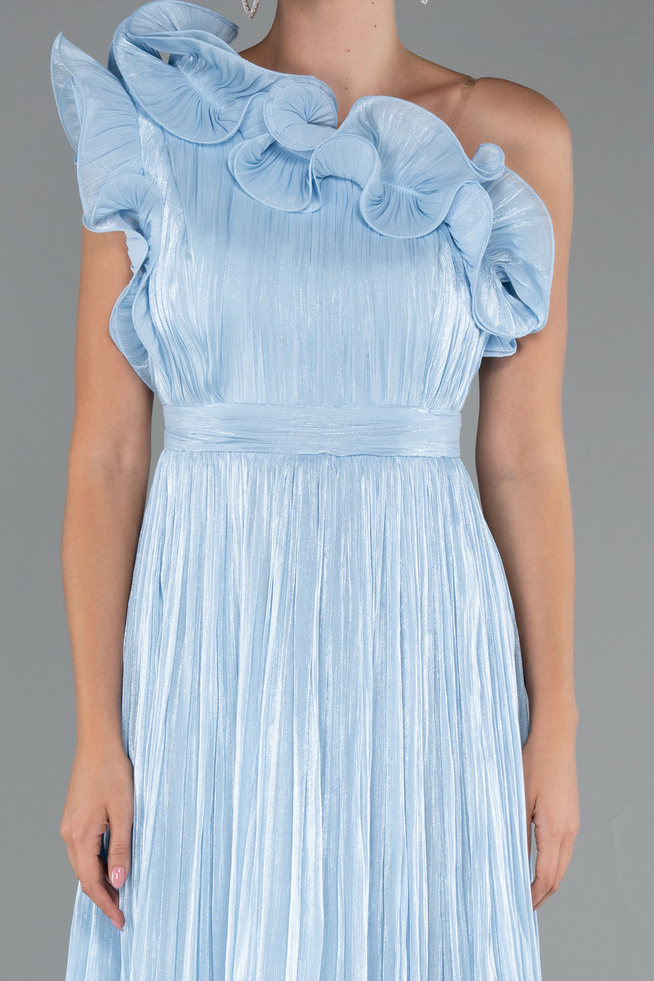 Buz Mavisi Fırfırlı Tek Omuz Midi Şifon Abiye Elbise ABK2434 - Görsel 3