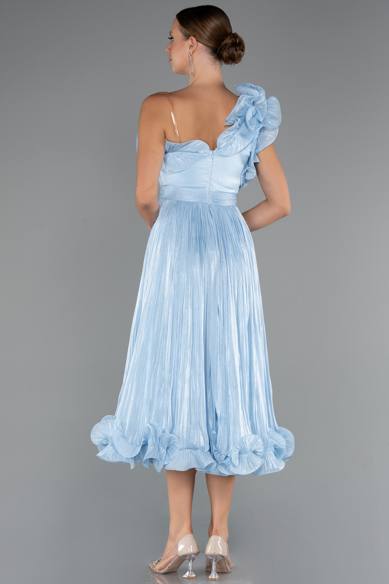 Buz Mavisi Fırfırlı Tek Omuz Midi Şifon Abiye Elbise ABK2434 - Görsel 2