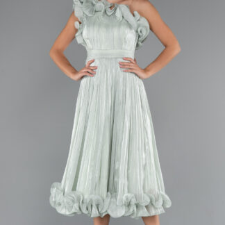 Mint Fırfırlı Tek Omuz Midi Şifon Abiye Elbise ABK2434