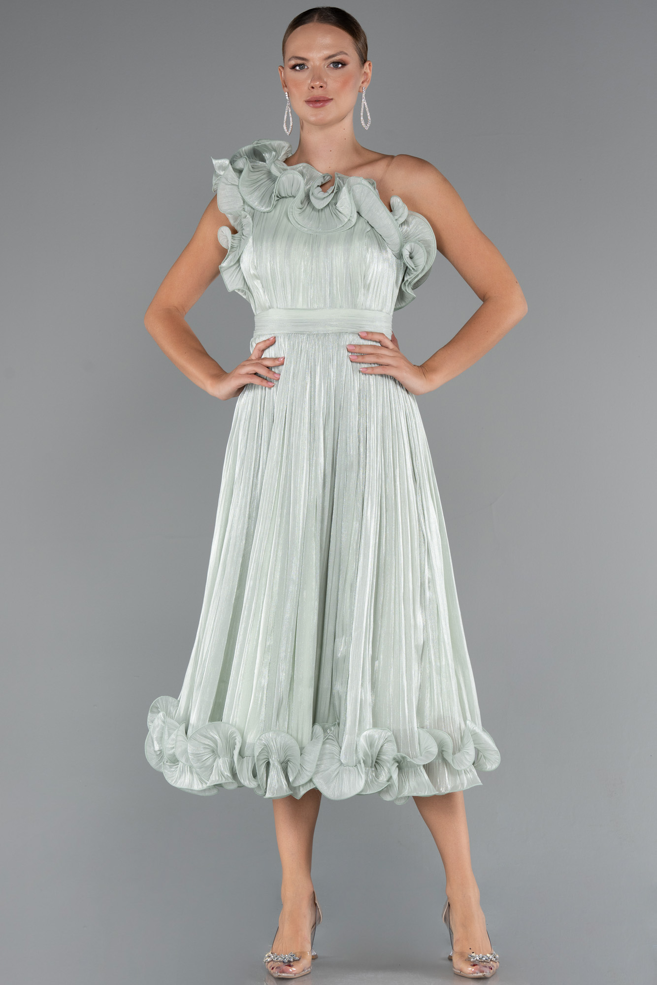 Mint Fırfırlı Tek Omuz Midi Şifon Abiye Elbise ABK2434