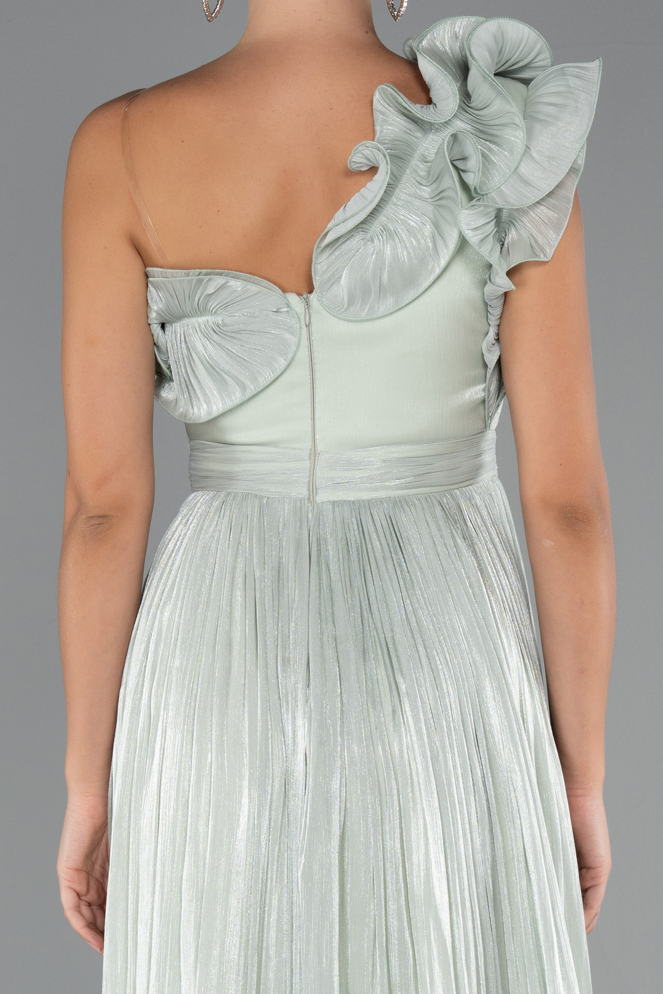 Mint Fırfırlı Tek Omuz Midi Şifon Abiye Elbise ABK2434 - Görsel 4