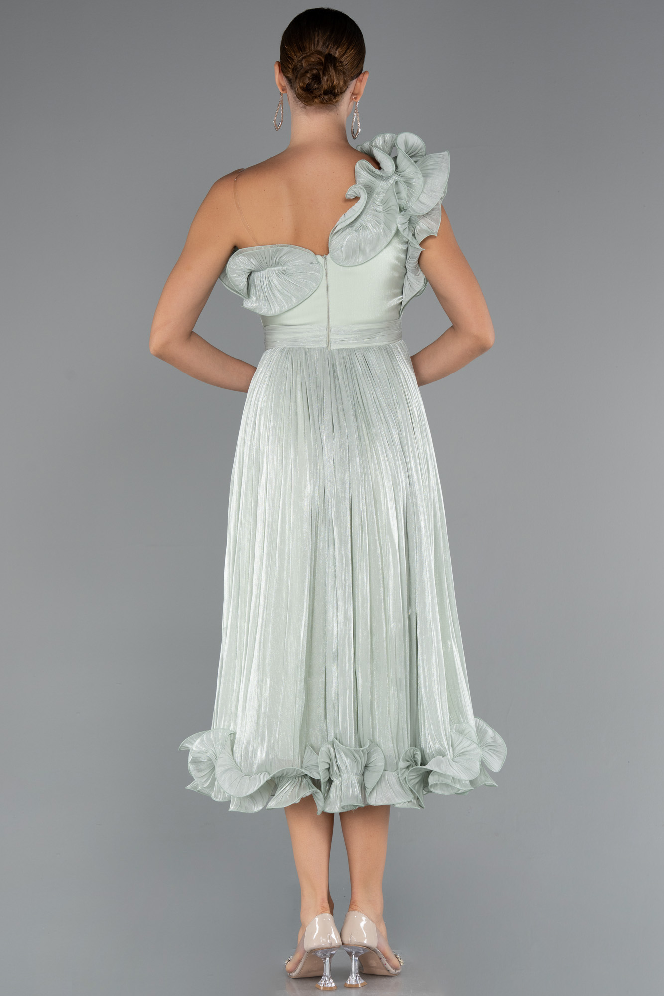 Mint Fırfırlı Tek Omuz Midi Şifon Abiye Elbise ABK2434 - Görsel 2