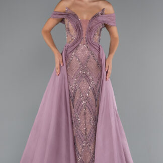 Pudra Kayık Yaka Taşlı Uzun Kuyruklu Özel Tasarım Abiye ABU5254