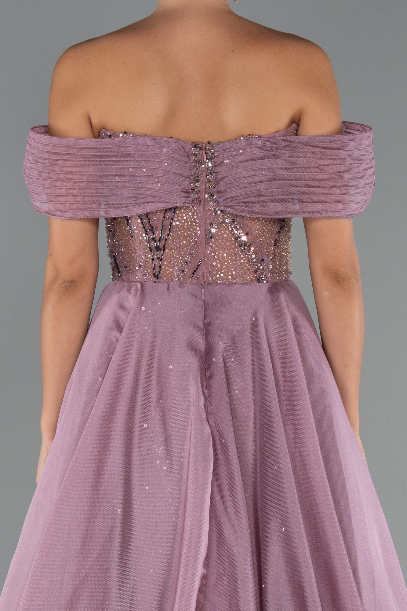 Pudra Kayık Yaka Taşlı Uzun Kuyruklu Özel Tasarım Abiye ABU5254 - Görsel 4