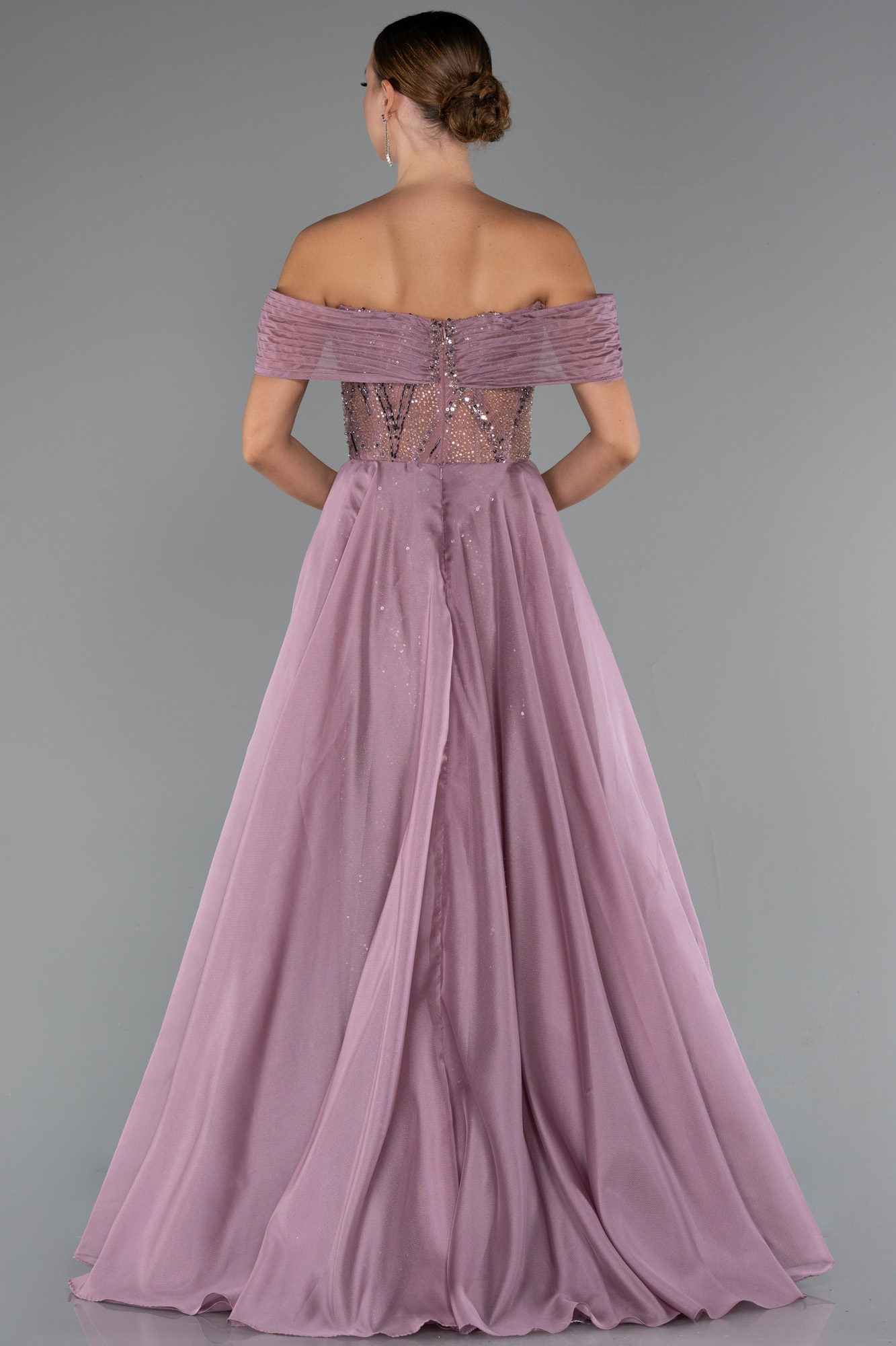 Pudra Kayık Yaka Taşlı Uzun Kuyruklu Özel Tasarım Abiye ABU5254 - Görsel 2