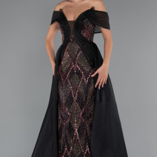 Siyah Kayık Yaka Taşlı Uzun Kuyruklu Özel Tasarım Abiye ABU5254