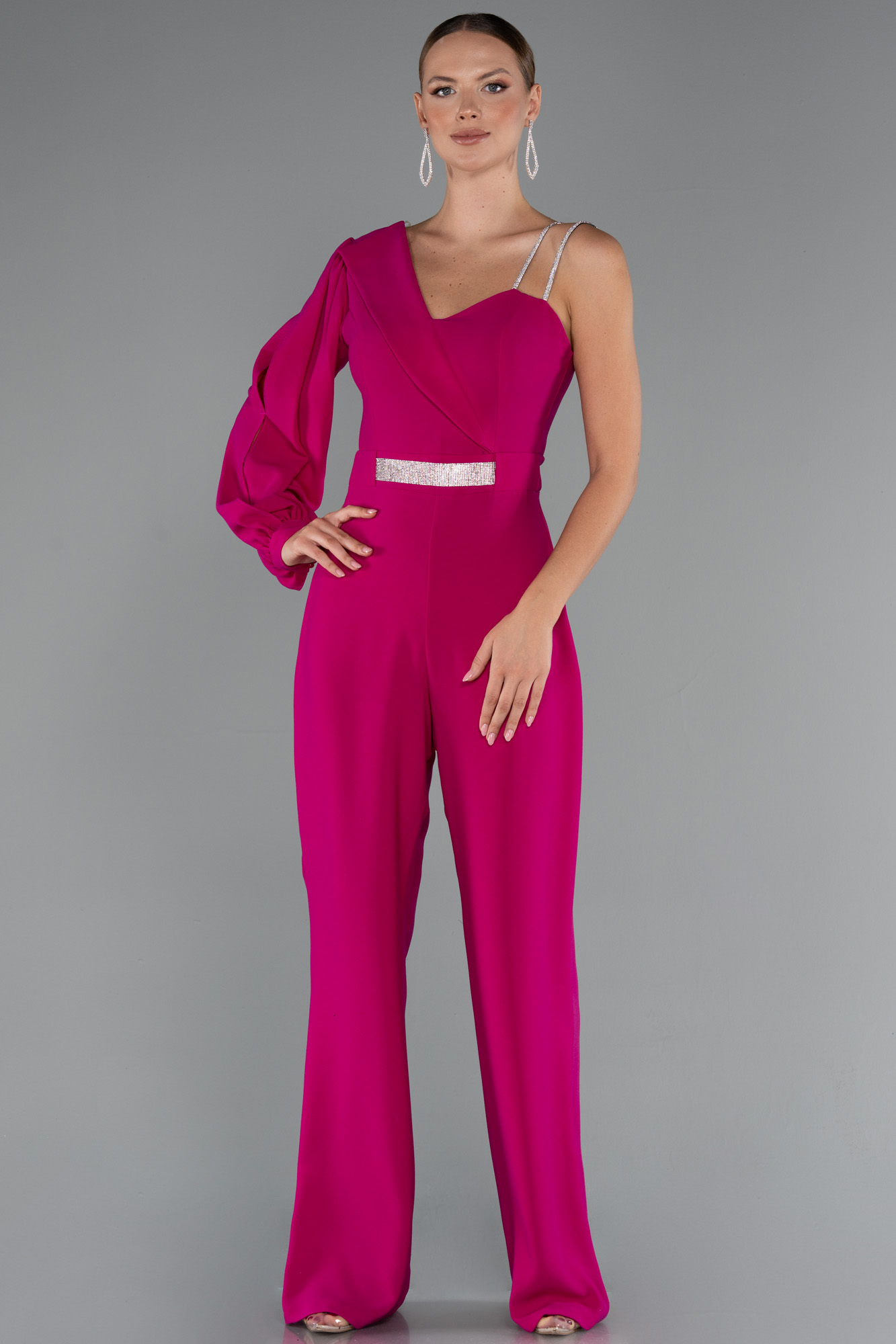 Fuşya Tek Kol Uzun Abiye Tulum ABT133