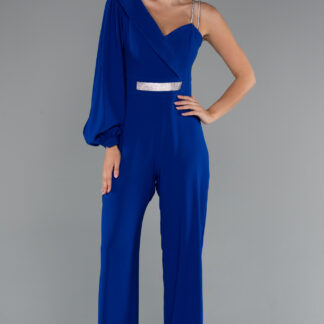 Saks Mavi Tek Kol Uzun Abiye Tulum ABT133