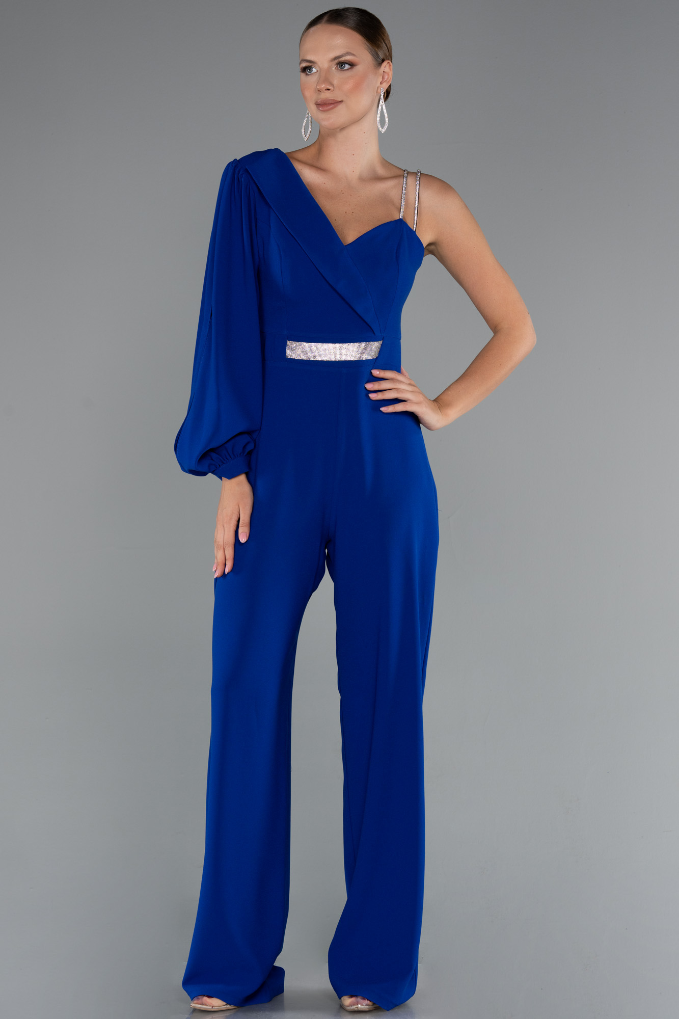 Saks Mavi Tek Kol Uzun Abiye Tulum ABT133