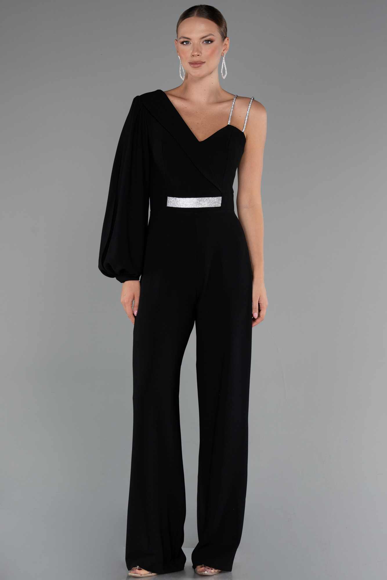 Lacivert Tek Kol Uzun Abiye Tulum ABT133 - Görsel 5