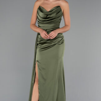 Haki Kedi Kulağı Straplez Yırtmaçlı Uzun Saten Abiye ABU4841