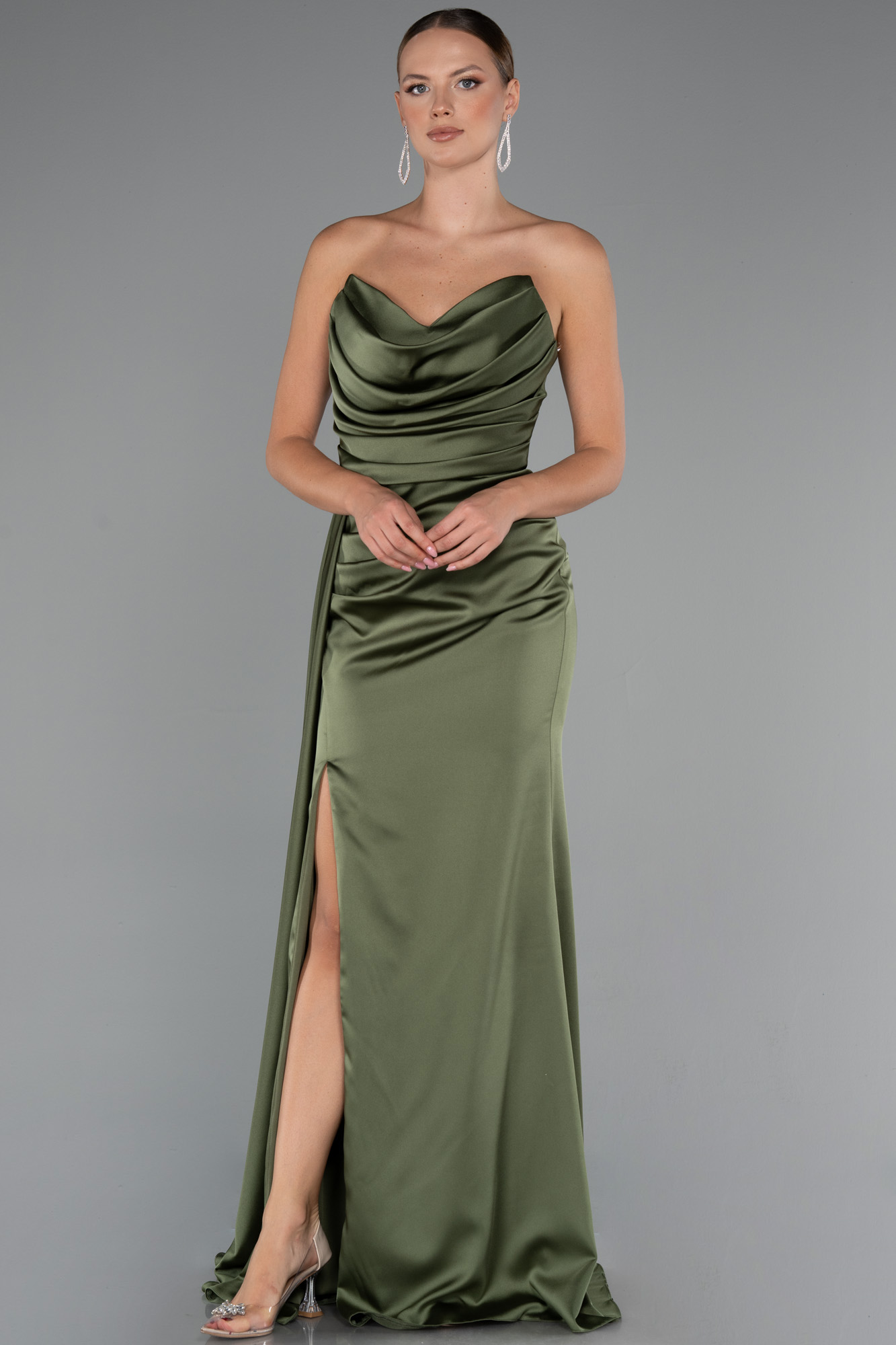 Haki Kedi Kulağı Straplez Yırtmaçlı Uzun Saten Abiye ABU4841