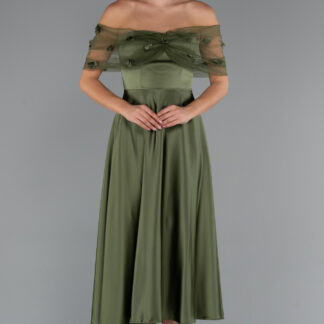 Haki Kayık Yaka Midi Saten Davet Elbisesi ABK2431