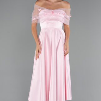 Pudra Kayık Yaka Midi Saten Davet Elbisesi ABK2431