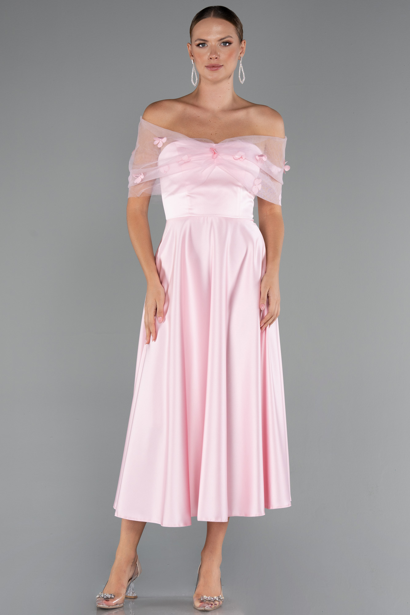 Pudra Kayık Yaka Midi Saten Davet Elbisesi ABK2431