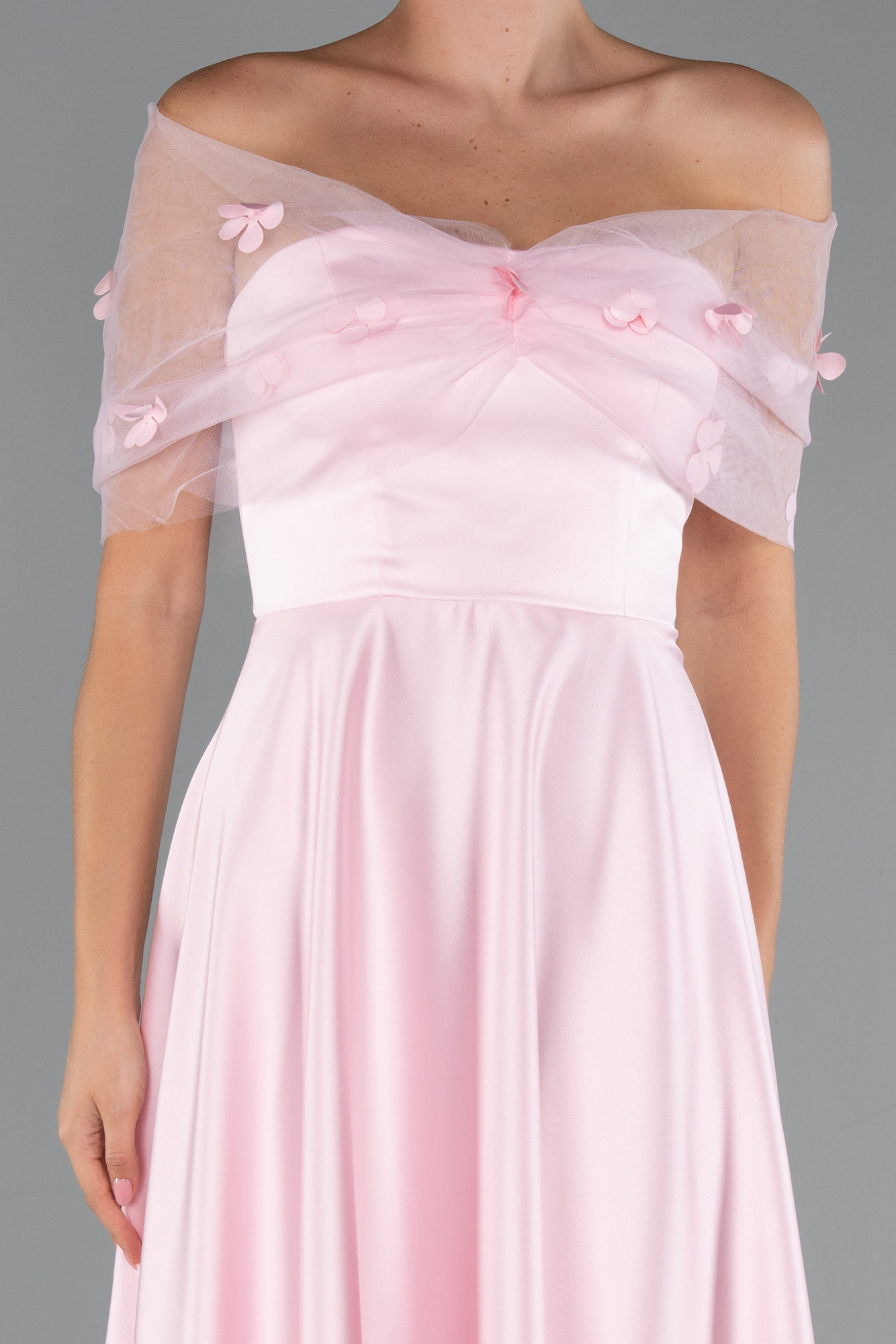 Pudra Kayık Yaka Midi Saten Davet Elbisesi ABK2431 - Görsel 3