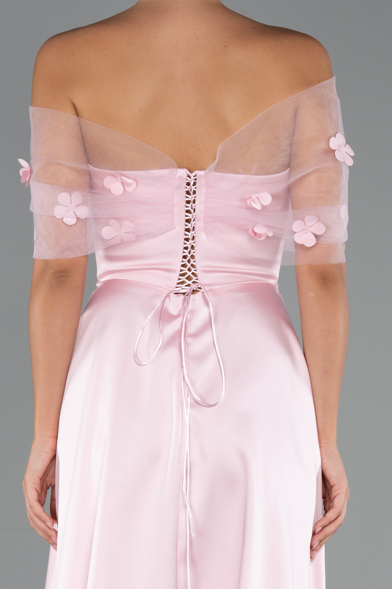 Pudra Kayık Yaka Midi Saten Davet Elbisesi ABK2431 - Görsel 4