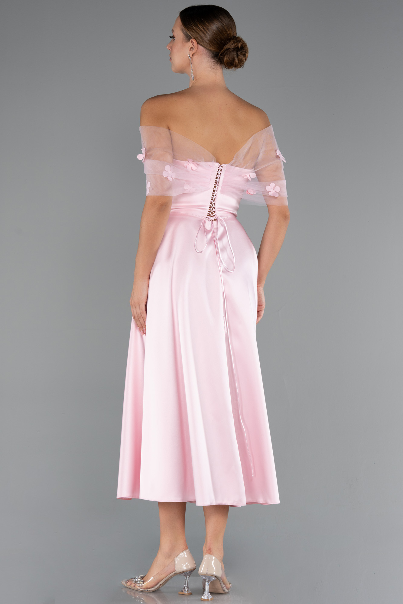 Pudra Kayık Yaka Midi Saten Davet Elbisesi ABK2431 - Görsel 2