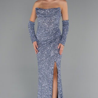 İndigo Straplez Yırtmaçlı Uzun Pullu Abiye ABU5163