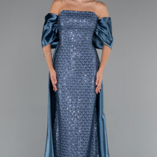 İndigo Straplez Boncuklu Saten Kuyruklu Uzun Abiye ABU5234