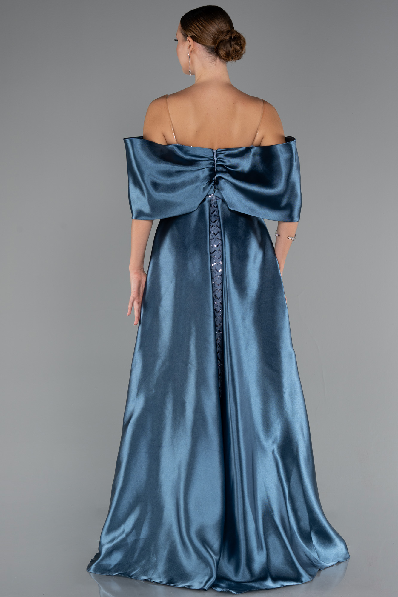 İndigo Straplez Boncuklu Saten Kuyruklu Uzun Abiye ABU5234 - Görsel 2