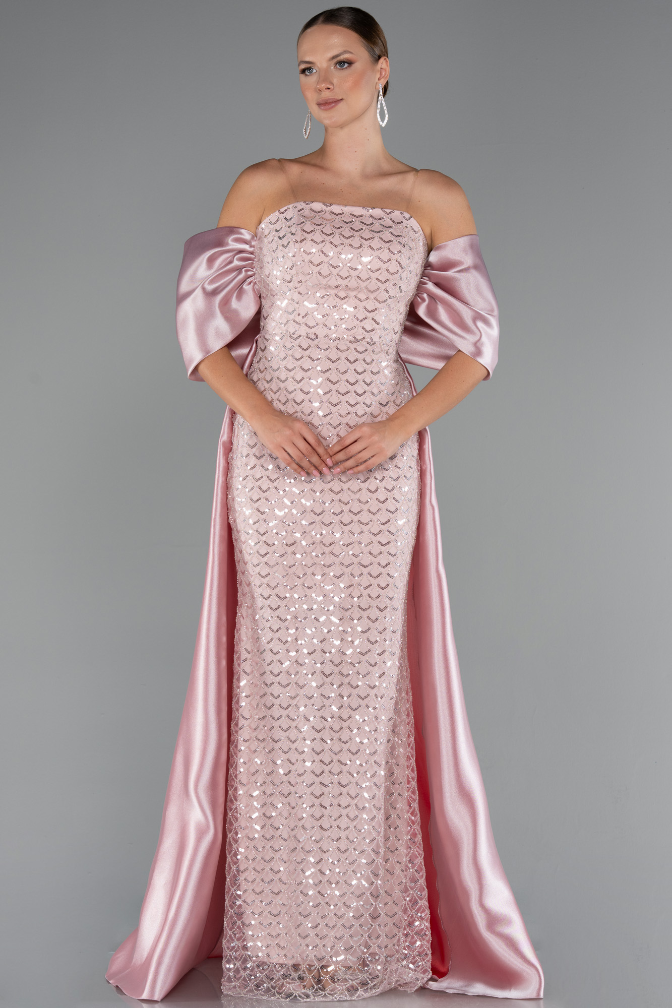 Pudra Straplez Boncuklu Saten Kuyruklu Uzun Abiye ABU5234 - Görsel 2