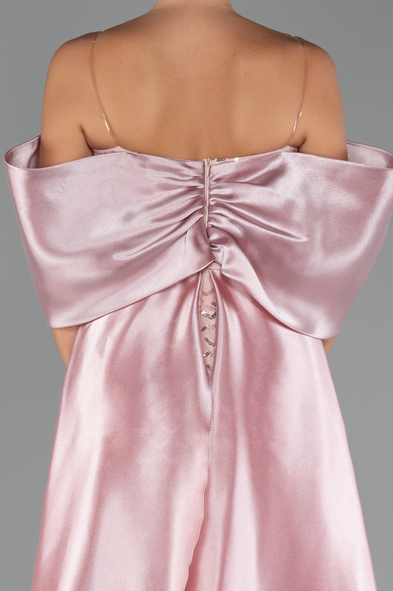 Pudra Straplez Boncuklu Saten Kuyruklu Uzun Abiye ABU5234 - Görsel 5