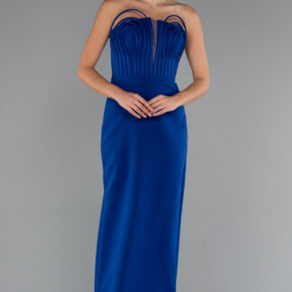 Saks Mavi Straplez Balenli Uzun Balık Abiye Elbise ABU5235