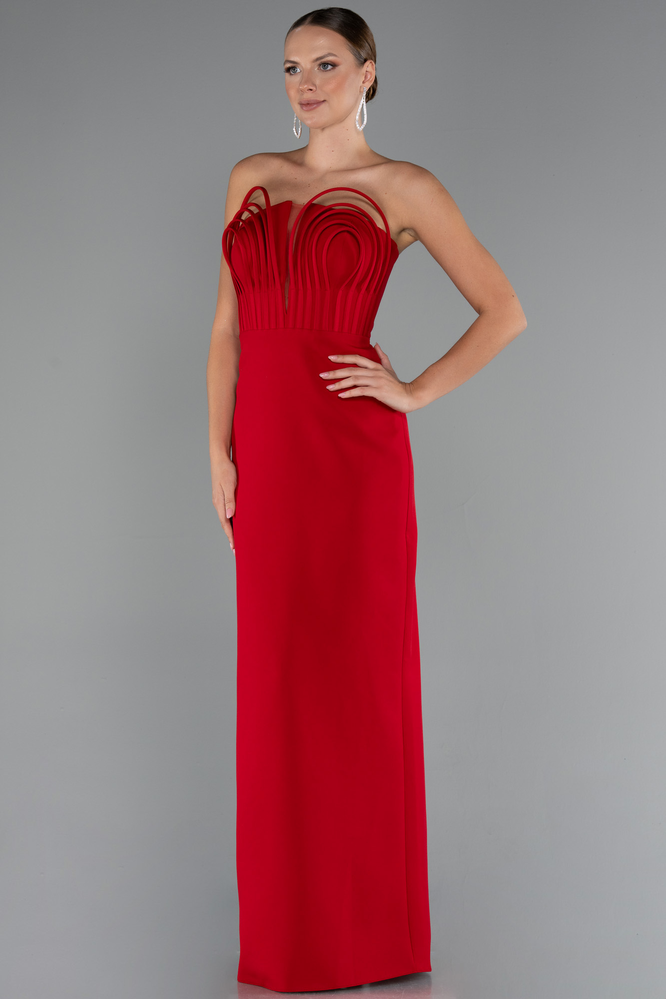 Kırmızı Straplez Balenli Uzun Balık Abiye Elbise ABU5235 - Görsel 2