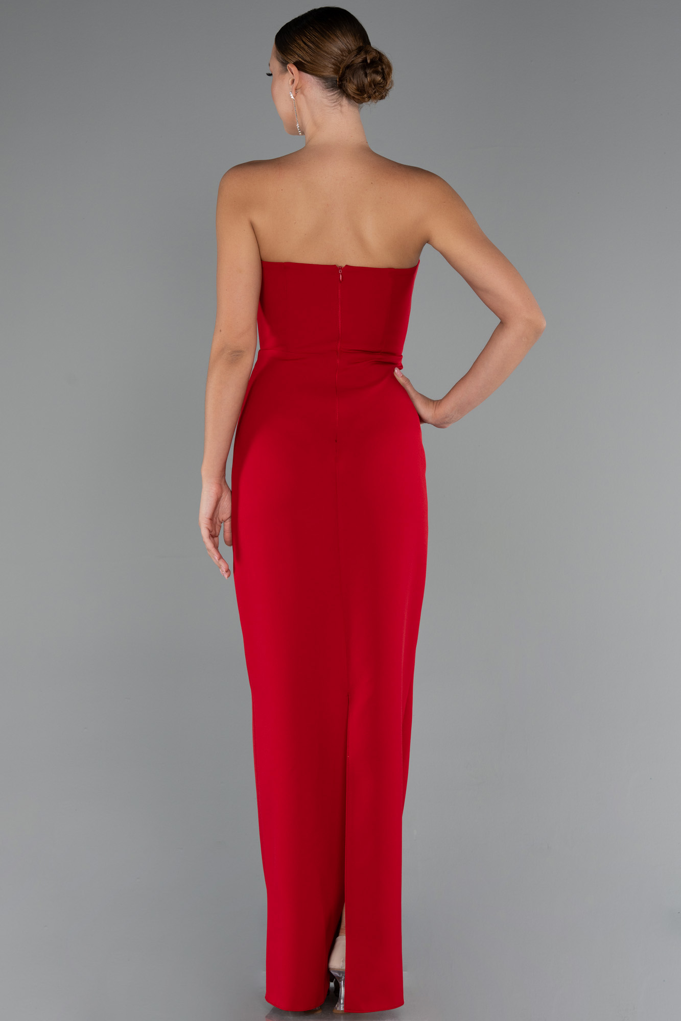 Kırmızı Straplez Balenli Uzun Balık Abiye Elbise ABU5235 - Görsel 3