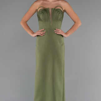 Haki Straplez Balenli Uzun Balık Abiye Elbise ABU5235