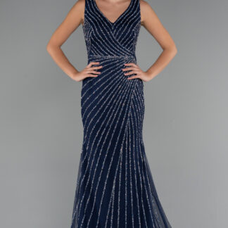 Lacivert Kolsuz Uzun Taşlı Özel Tasarım Abiye Elbise ABU5255