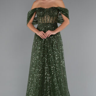 Haki Kayık Yaka Balen Korse Uzun Simli Nişan Elbisesi ABU5226