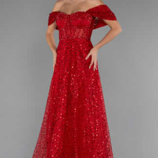 Kırmızı Kayık Yaka Balen Korse Uzun Simli Nişan Elbisesi ABU5226