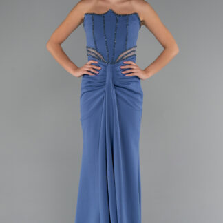 İndigo Taş İşlemeli Straplez Uzun Abiye Elbise ABU5227