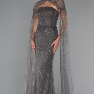 Antrasit Straplez Pelerin Detaylı Uzun Boncuklu Abiye ABU5236